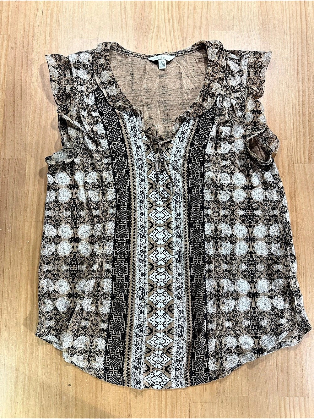 Lucky Brand Printed Ruffle Sleeve Blouse in Brown & White Size Small B18